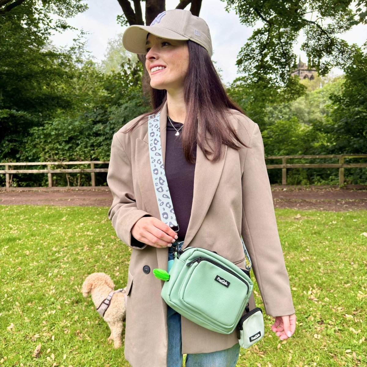 Sage green vegan leather dog walking crossbody bag